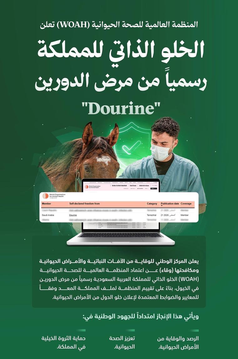 المنظمة العالمية للصحة الحيوانية تعتمد خلو المملكة من مرض الدورين في الخيول